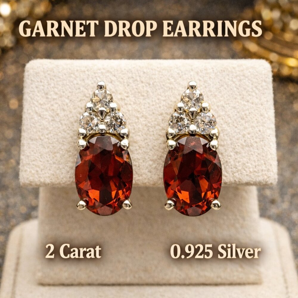 Garnet Drop Earrings | 2 Carat Garnet Earrings | Sterling Silver Garnet Dangle